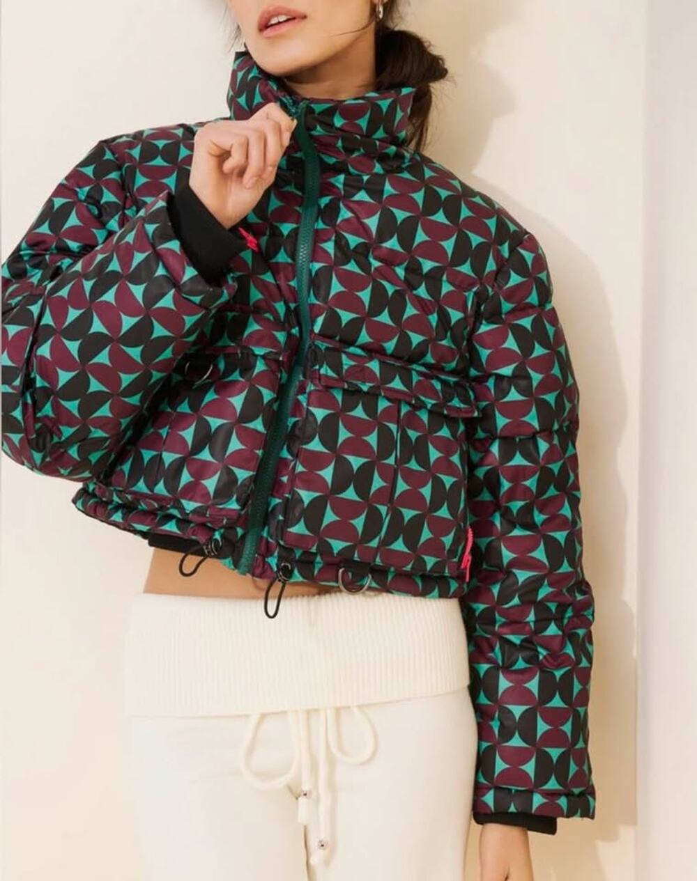 Cynthia Rowley Geometric Print Cropped Puffer Jacket Sz S